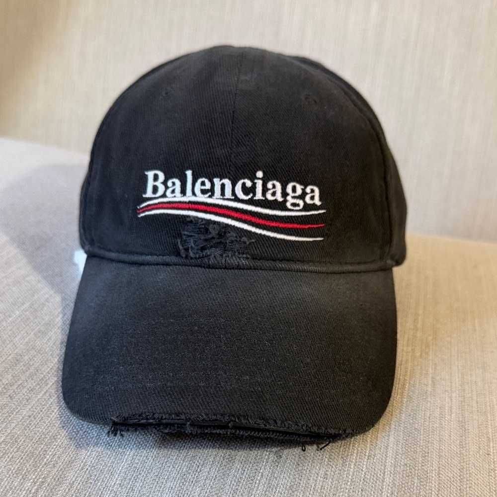 Balenciaga Distressed Black Cap with Red and White Logo